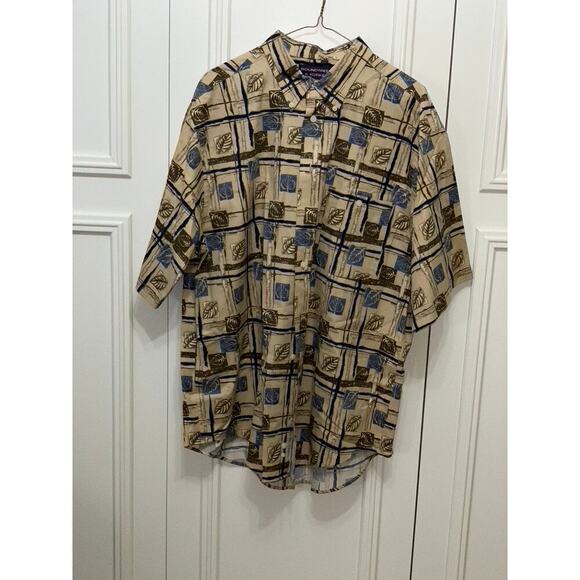 Roundtree & Yorke Men's Large Geometric Short Sleeve Button-Down Shirt - Picture 1 of 4